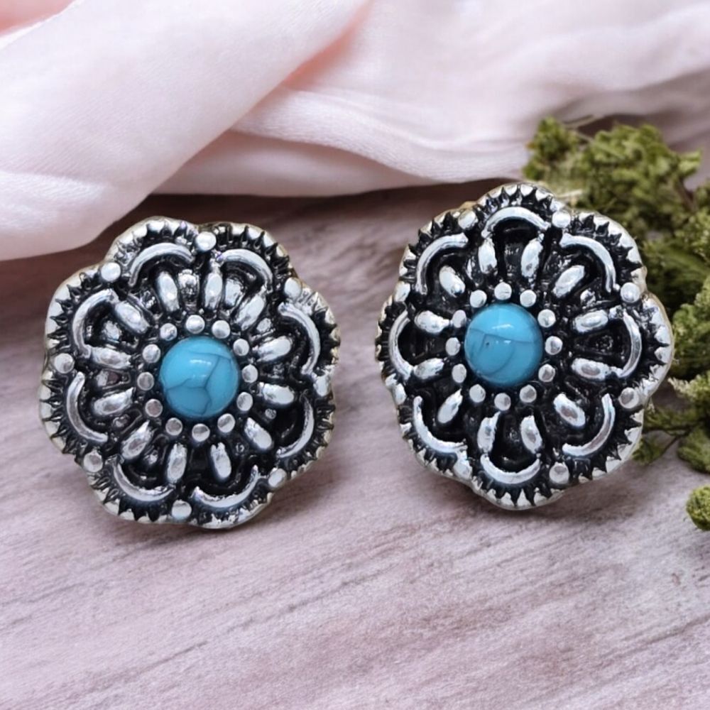 Small Turquoise Flower Earrings Boho Southwestern Western Pierced Ears Jewelry